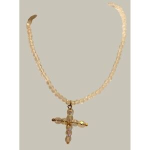 VTG The Limited Necklace Cross Pendant Beaded Crystal Minimalist Clear Gold